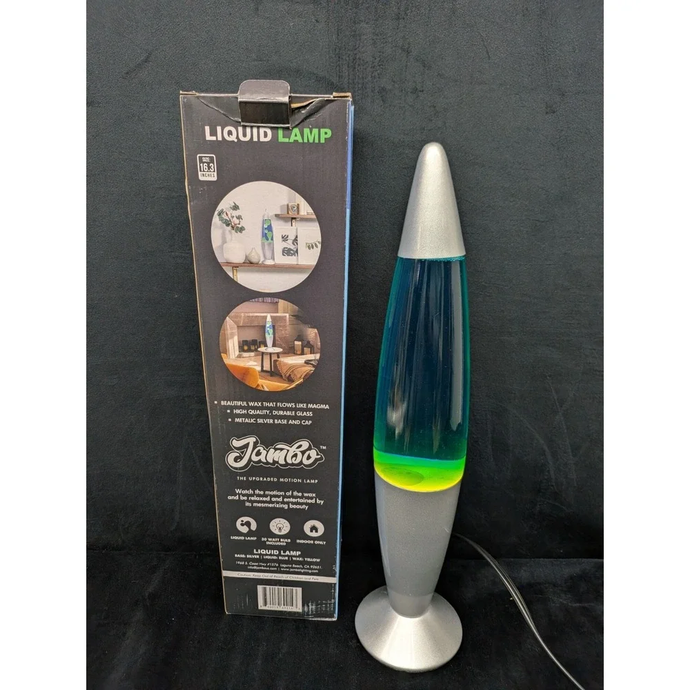 Jambo Lava Lamp 30W 16.3 in Blue w/ Yellow Wax Silver Base Bullet Shape Open Box